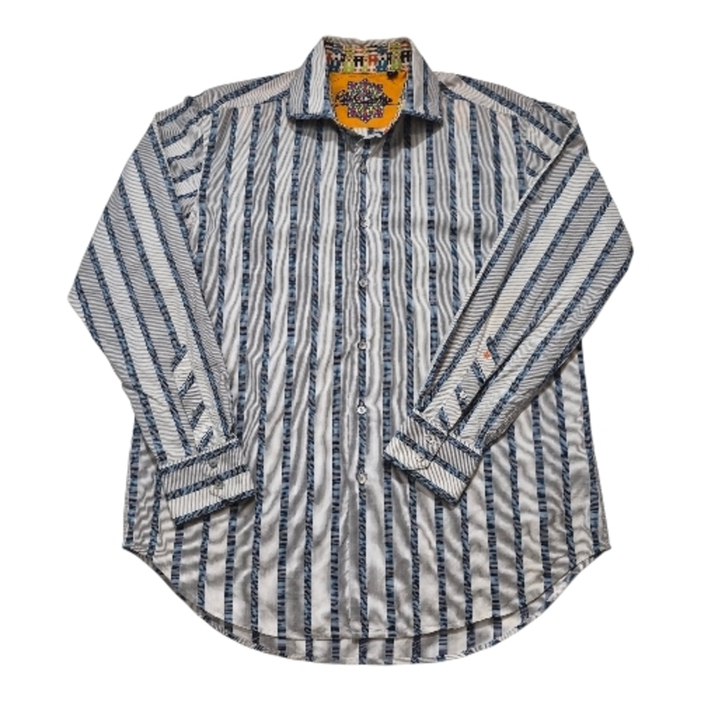 Robert Graham Shirt Long Sleeve Blue Gray Striped Colorful Cuffs Mens Size L